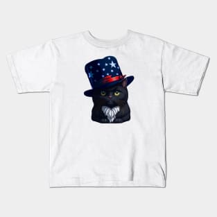 4th of July Patriotic Black Cat wearing American Hat Kids T-Shirt